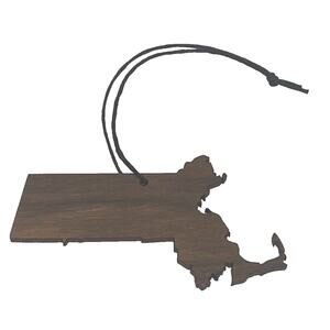 Massachusetts State Ornament Brown Walnut Wood Handcrafted Holiday Black Hanger